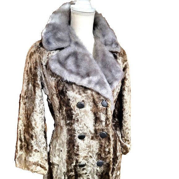 VTG MOD 60 70s trench Faux SILVER MINK Fur Broadtail Lamb Double Breasted Coat M - Picture 2 of 11